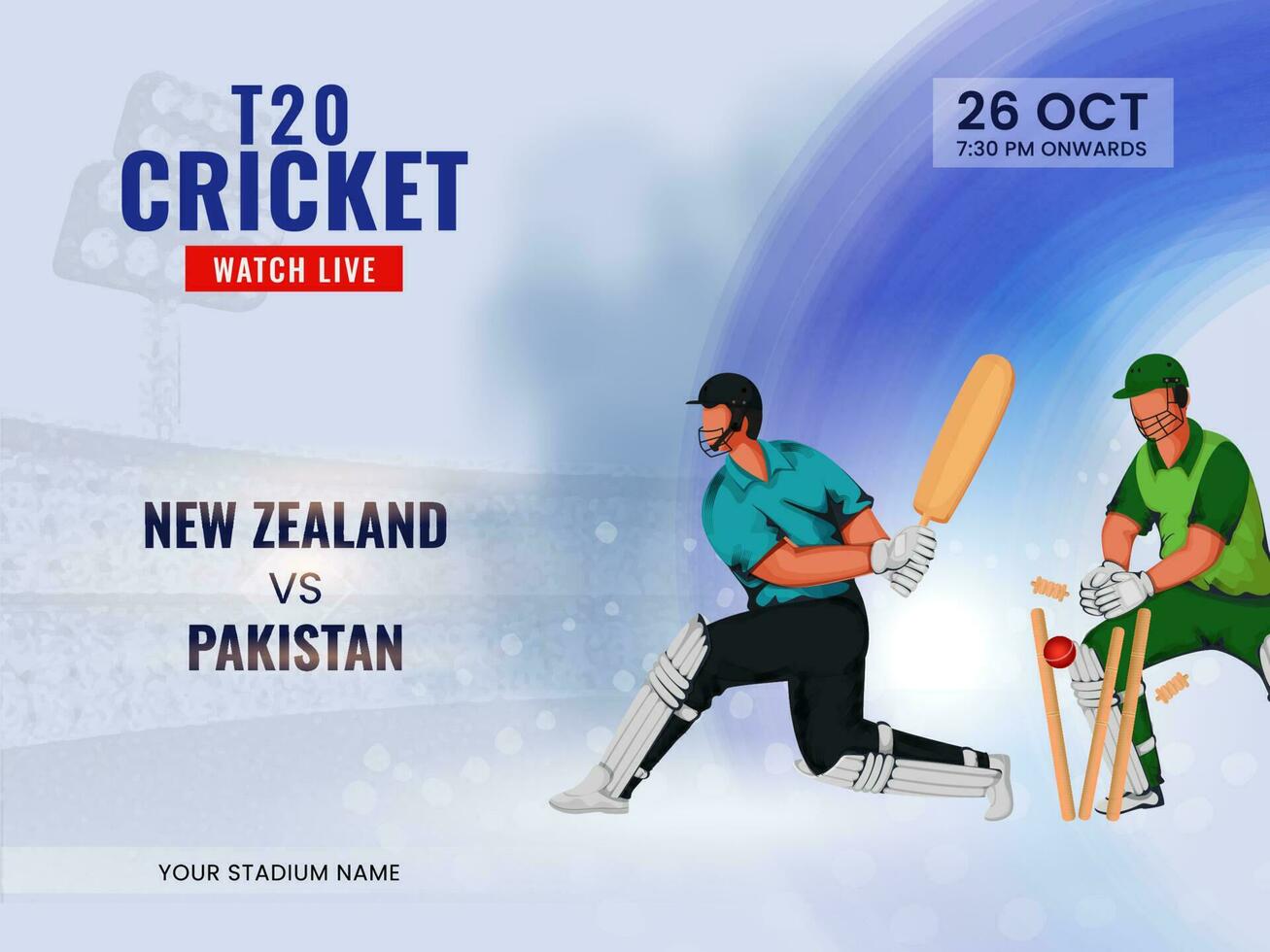 t20 cricket Kolla på leva visa av deltar team ny zealand mot pakistan och kricketspelare spelare. vektor