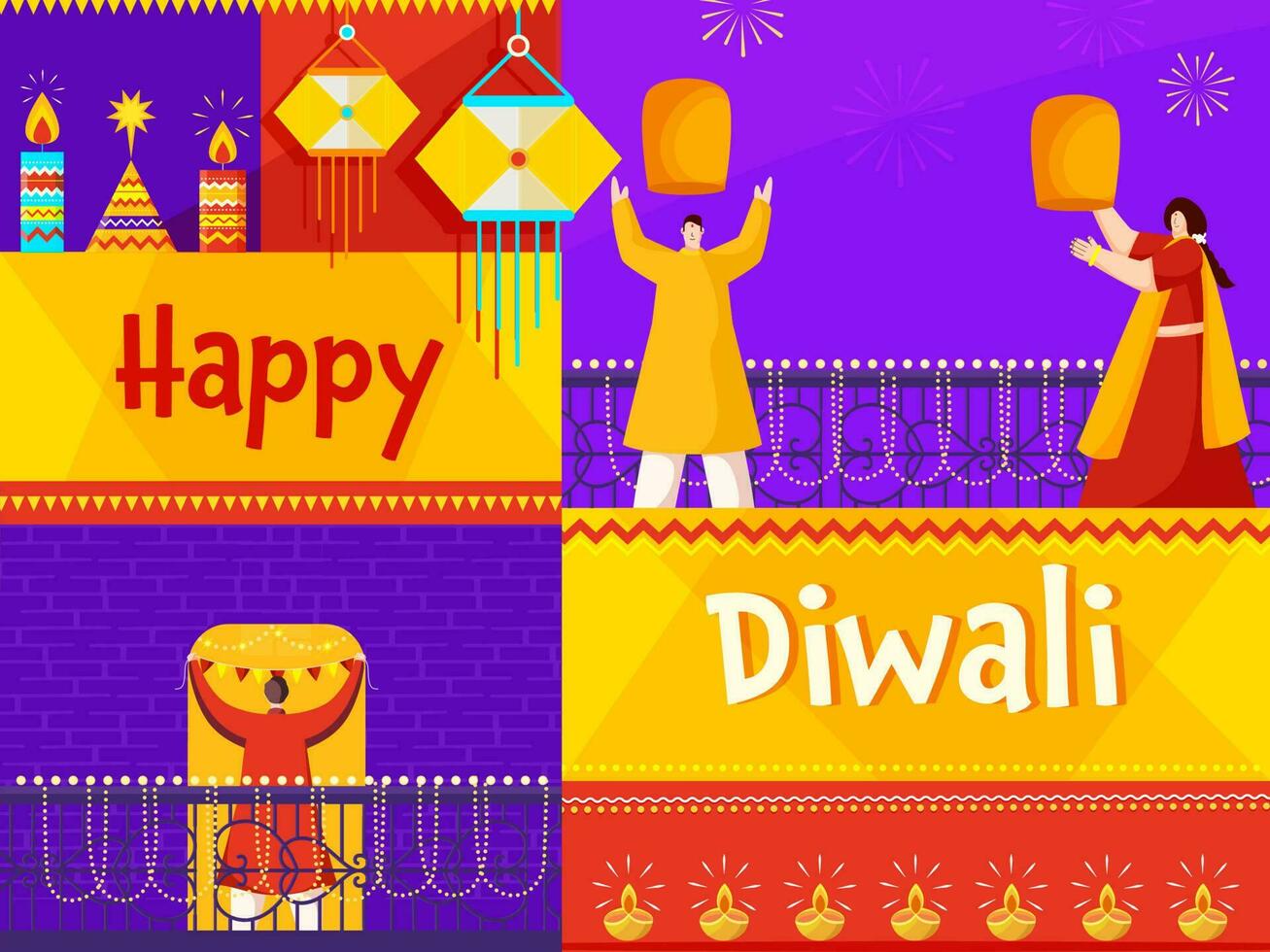 Lycklig diwali firande bakgrund dekorerad med belyst ljus, lyktor och indisk människor. vektor illustration.