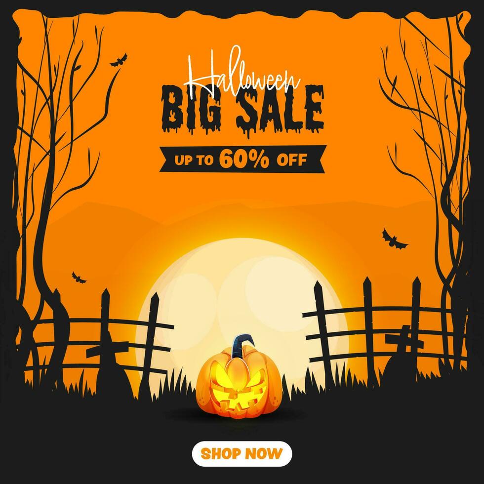 Halloween groß Verkauf Poster Design mit Kürbislaterne auf voll Mond Orange und schwarz Wald Hintergrund. vektor