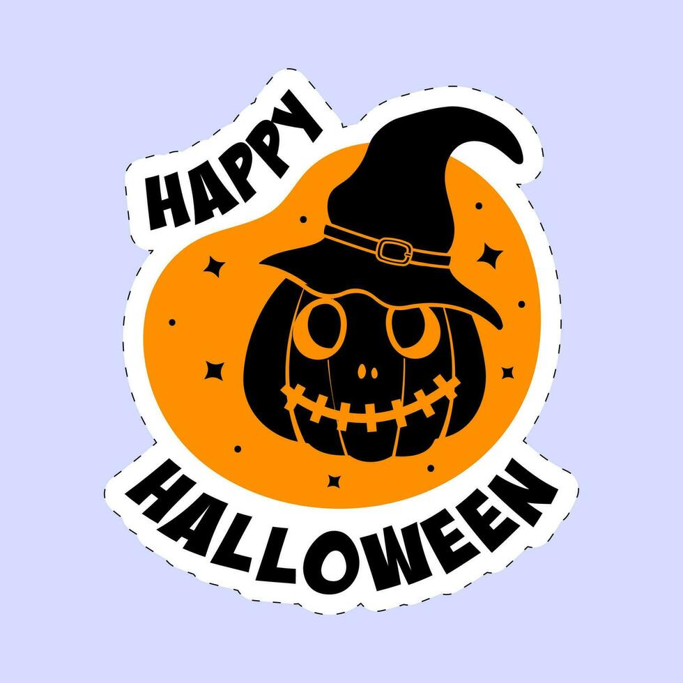 klistermärke stil Lycklig halloween font med skrämmande pumpa bär häxa hatt på orange och blå bakgrund. vektor