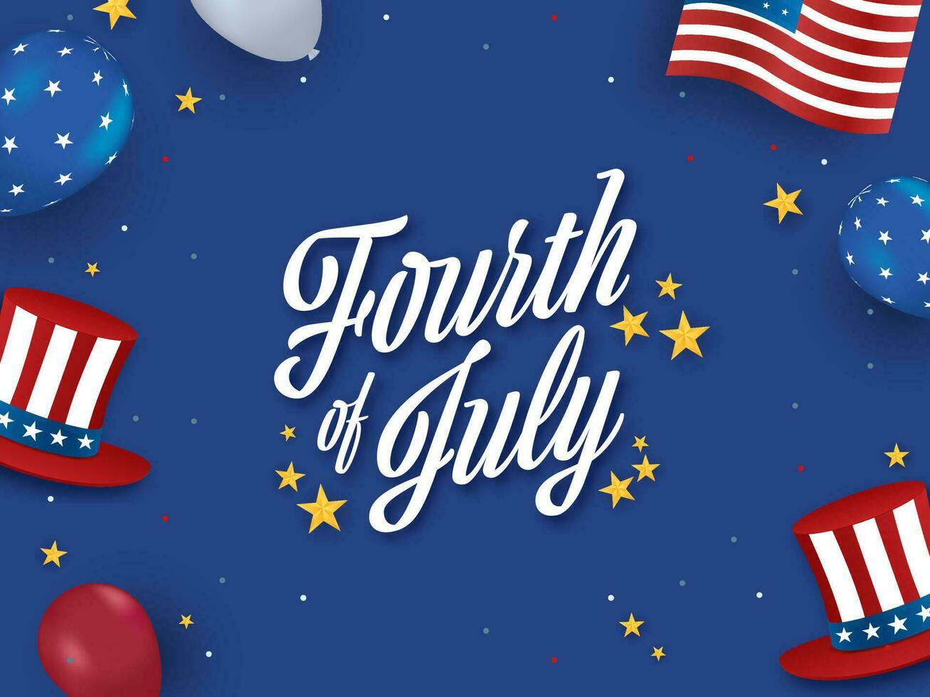 fjärde av juli font med stjärnor, amerikan flagga Färg ballonger och farbror sam hattar på blå bakgrund. vektor