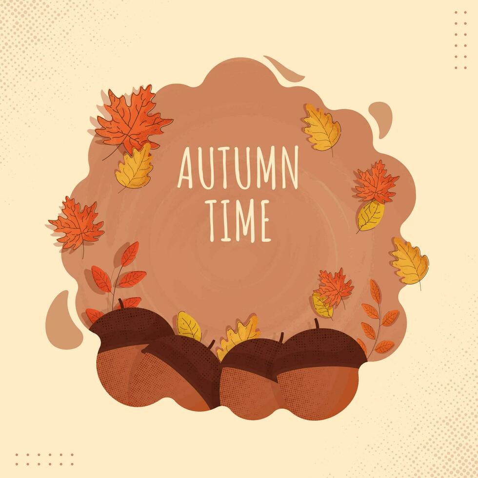 Herbst Zeit Poster Design mit Eicheln, Blätter auf braun Hintergrund. vektor