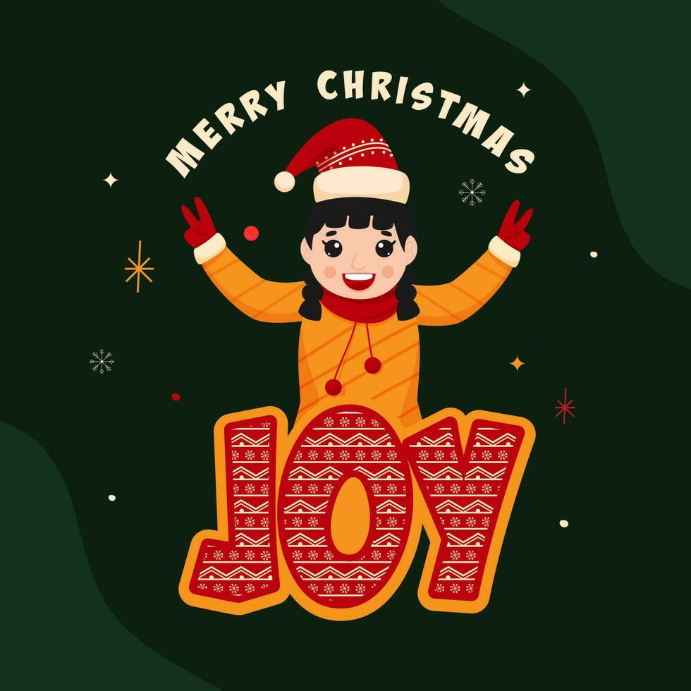 klistermärke stil glädje font med glad flicka karaktär på grön bakgrund för glad jul begrepp. vektor