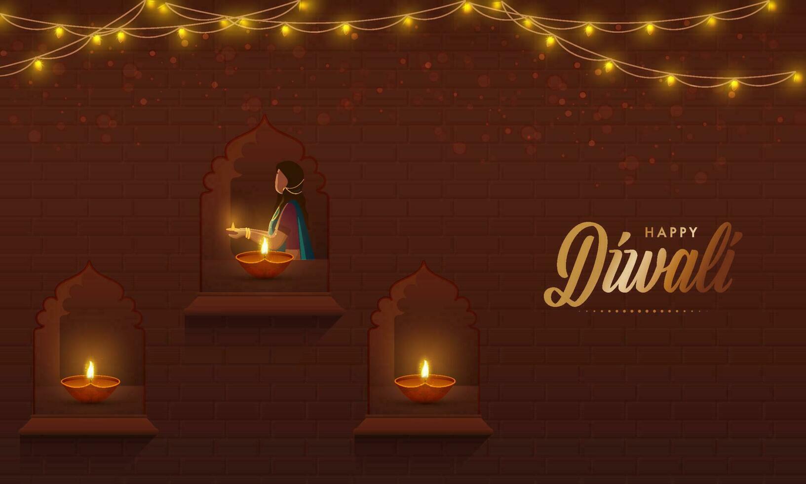 indisk kvinna dekorerad fönster från belyst olja lampor och belysning krans på brun bakgrund för diwali firande. vektor