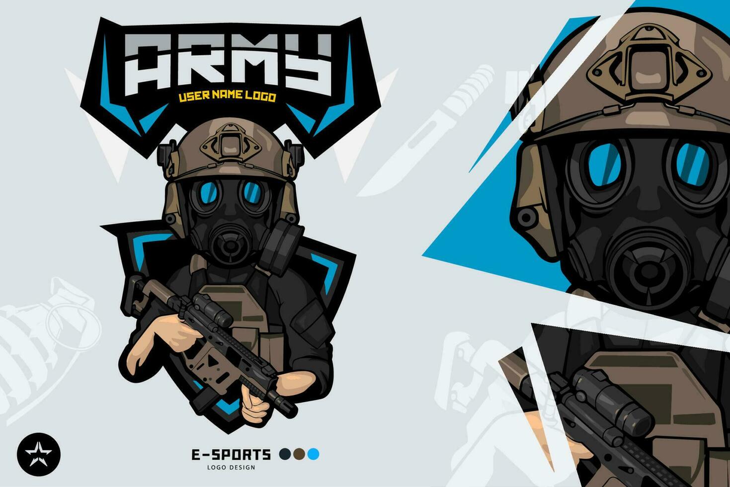 soldat armén maskot logotyp för esport och sport gas mask ljus maskin pistol vektor