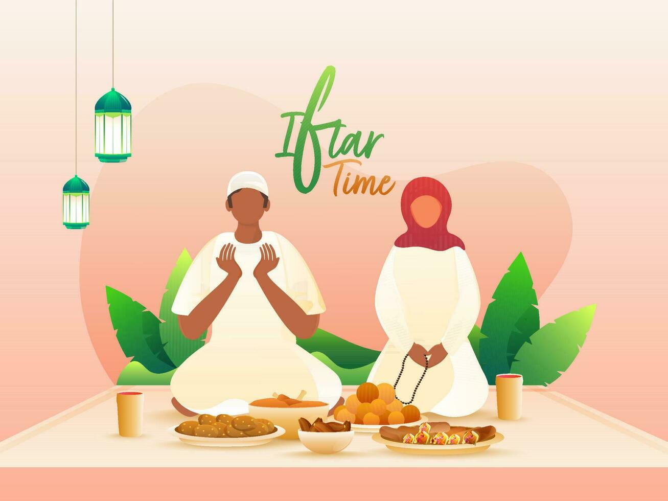 Muslim Mann und Frau beten Vor Essen auf das Gelegenheit von iftar Party. vektor