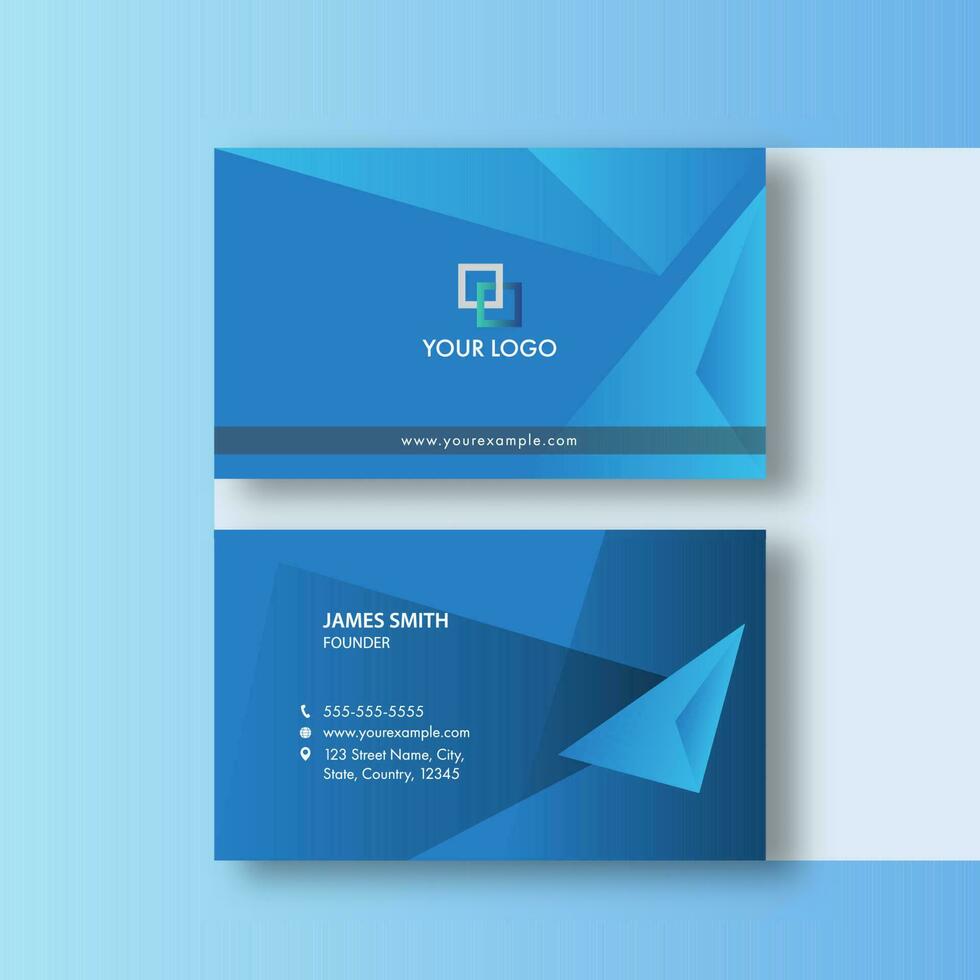 dubbelsidiga företag kort design med 3d triangel element i blå Färg. vektor