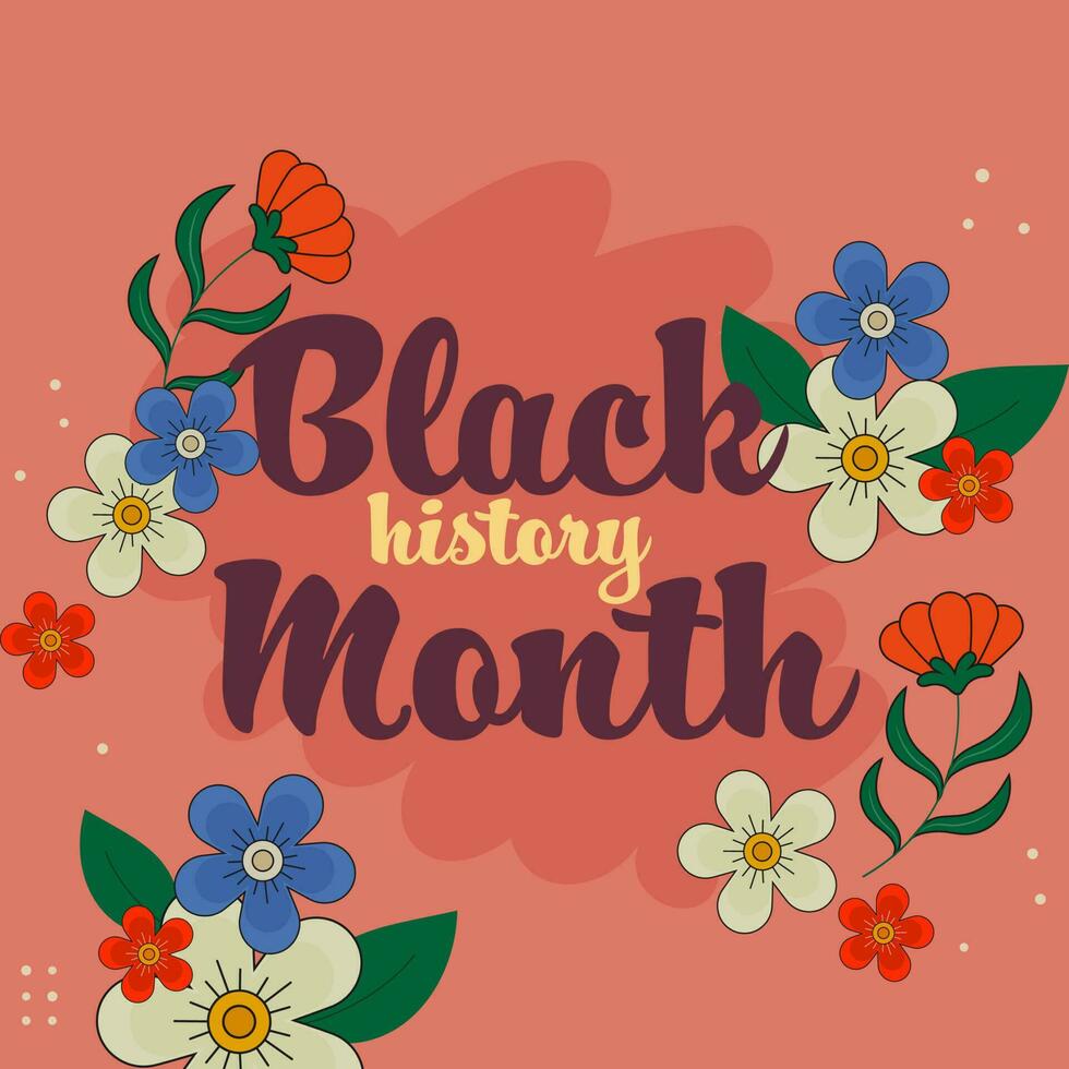 schwarz Geschichte Monat Schriftart mit Blumen, Blätter dekoriert auf rot Hintergrund. vektor