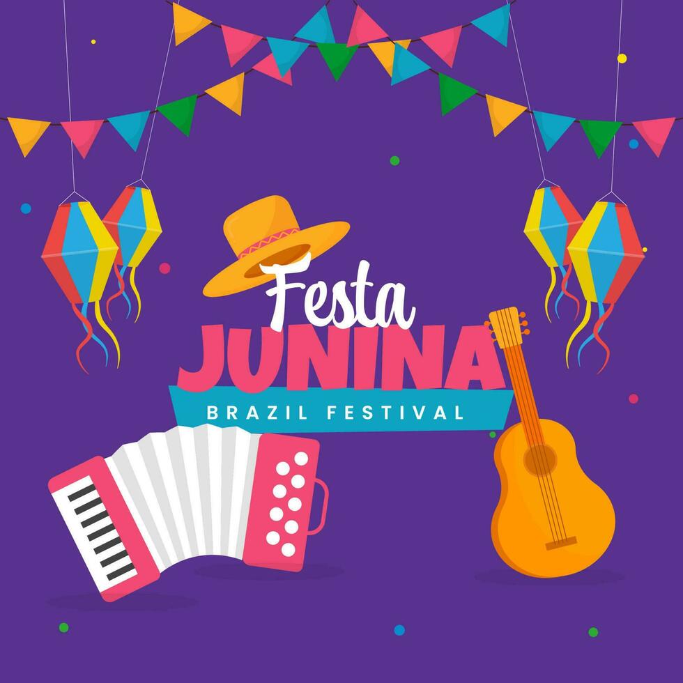 festa junina Feier Konzept mit Musical Instrument, Hut, Laternen hängen und Ammer Flaggen auf lila Hintergrund. vektor