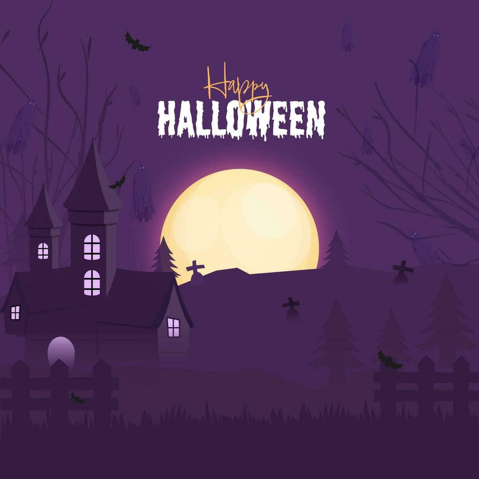 glücklich Halloween Schriftart mit verfolgt Haus auf voll Mond lila Friedhof Hintergrund. vektor