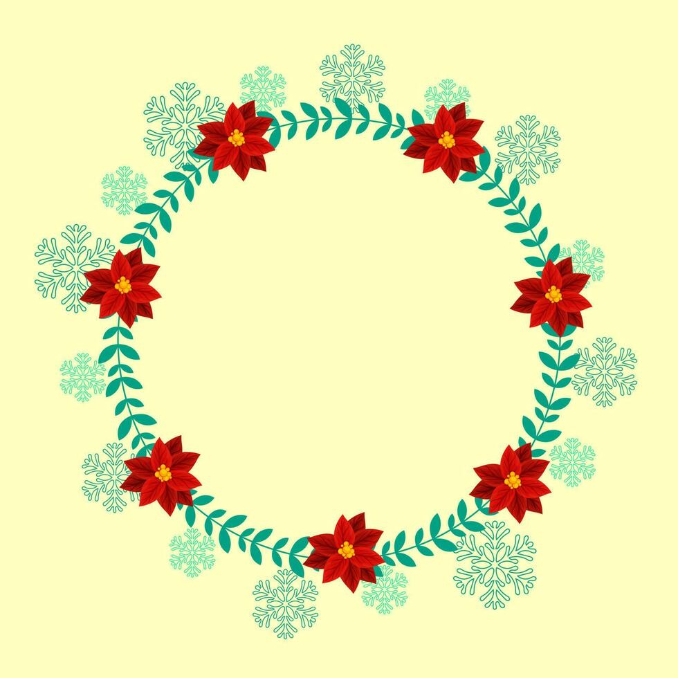 tömma cirkel ram tillverkad förbi löv och julstjärna blommor på gul bakgrund dekorerad med snöflingor. vektor