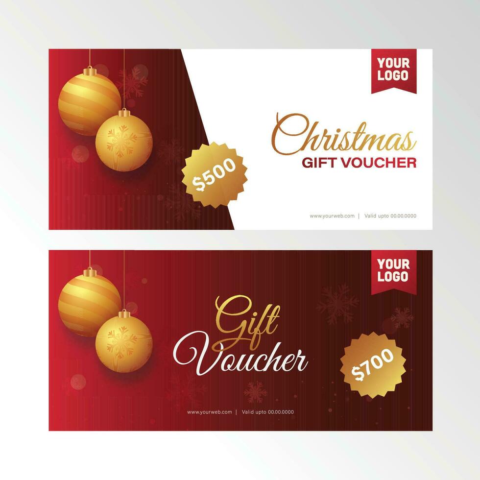 Weihnachten Geschenk Gutschein Banner Layout mit 3d golden Kugeln hängen im rot und Weiß Farbe. vektor