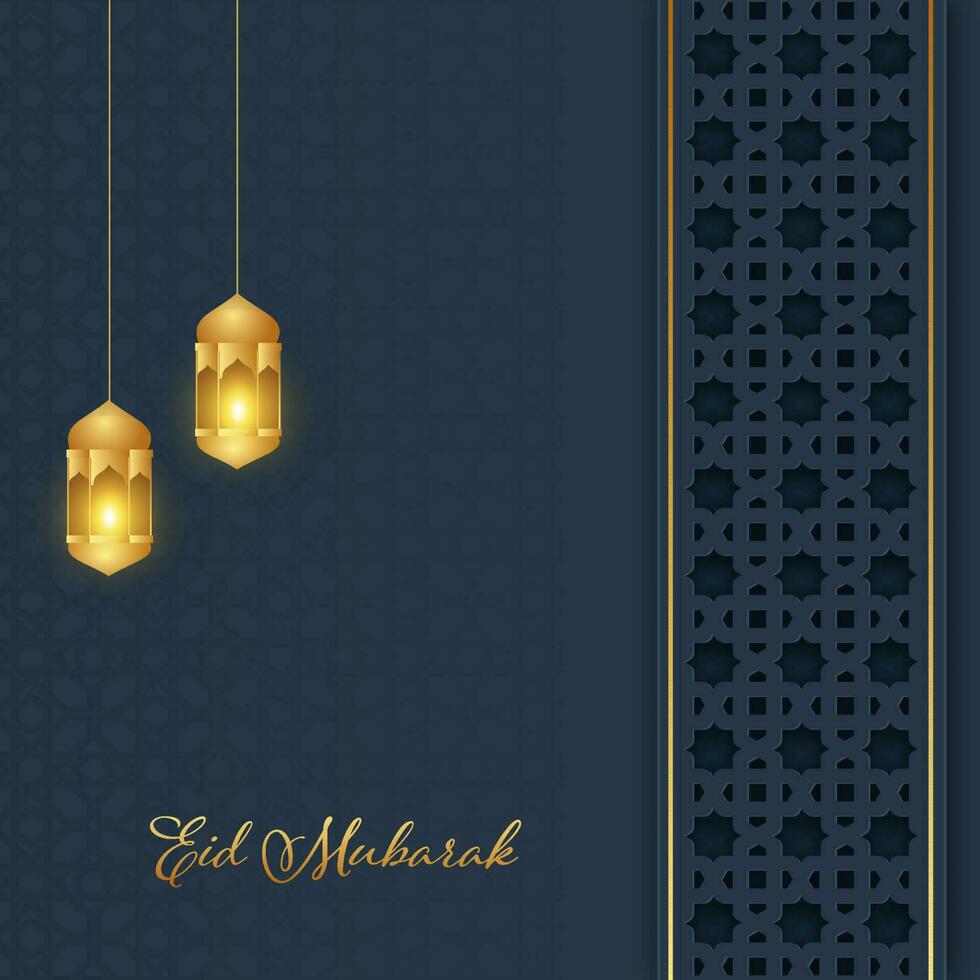 golden eid Mubarak Schriftart mit zündete Laternen hängen auf grau islamisch Muster Hintergrund. vektor