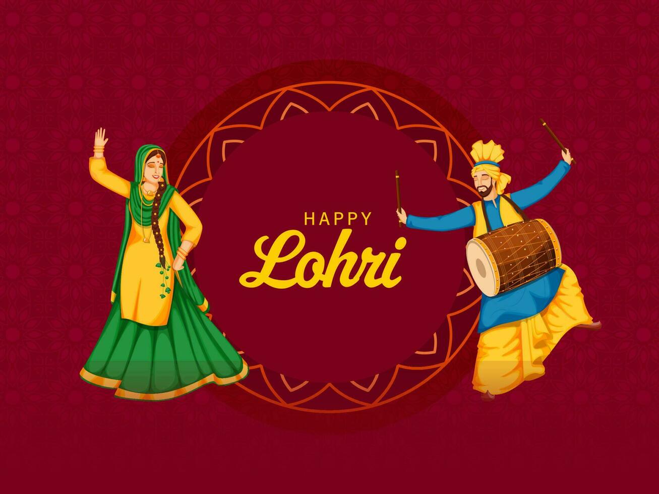 glücklich lohri Feier Konzept mit Punjabi Mann spielen dhol und Frau tun Bhangra tanzen auf rot Blumen- Muster Hintergrund. vektor