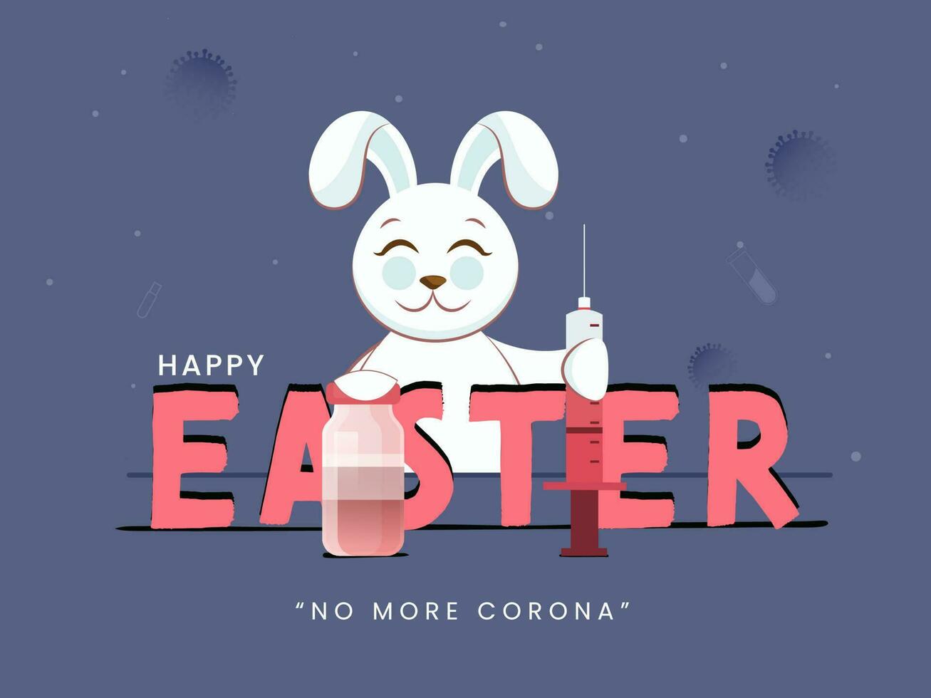 Lycklig påsk text med tecknad serie kanin innehav vaccin injektion på blå bakgrund för Nej Mer korona. vektor