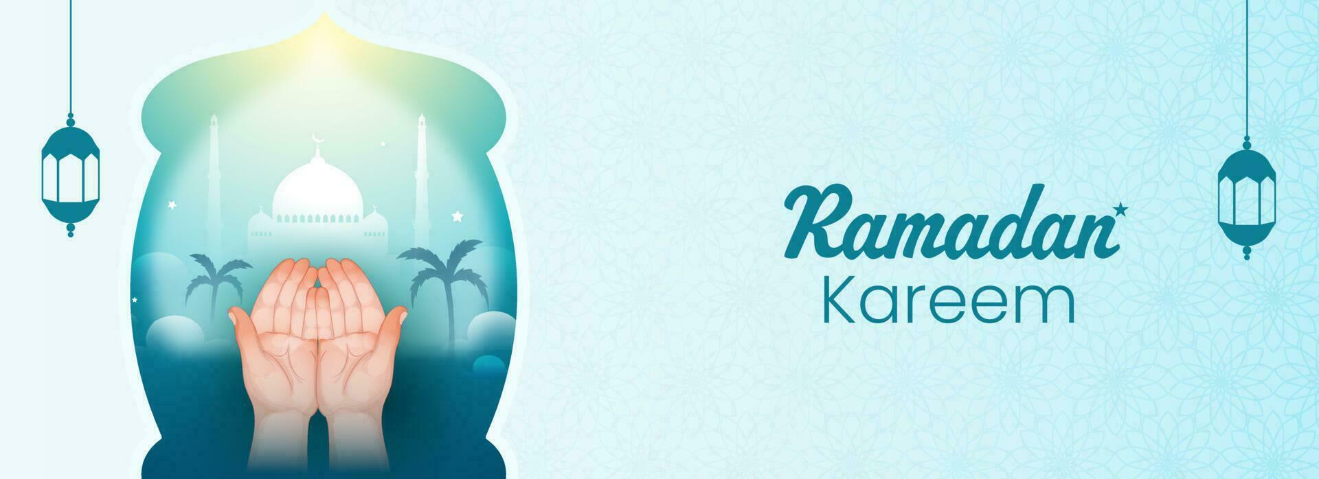 Ramadan kareem Banner oder Header Design mit islamisch beten Hände und Moschee Illustration auf Blau islamisch Muster Hintergrund. vektor