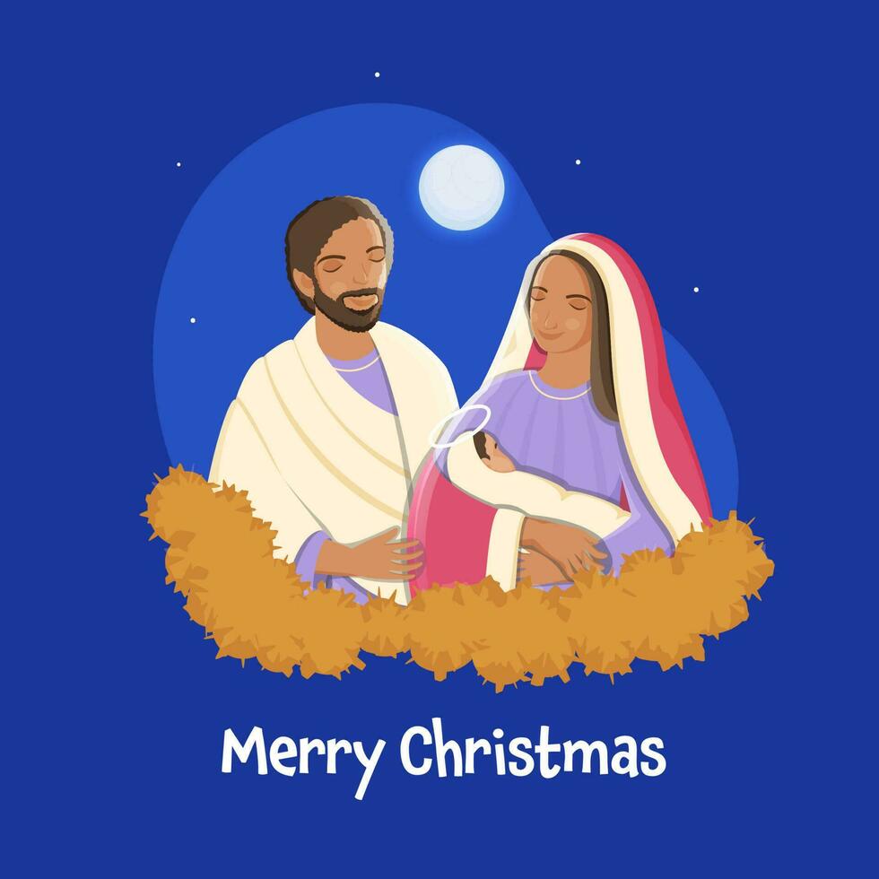 Vektor Illustration von Joseph und Maria halten ein Säugling Baby auf voll Mond Blau Hintergrund zum fröhlich Weihnachten Feier.