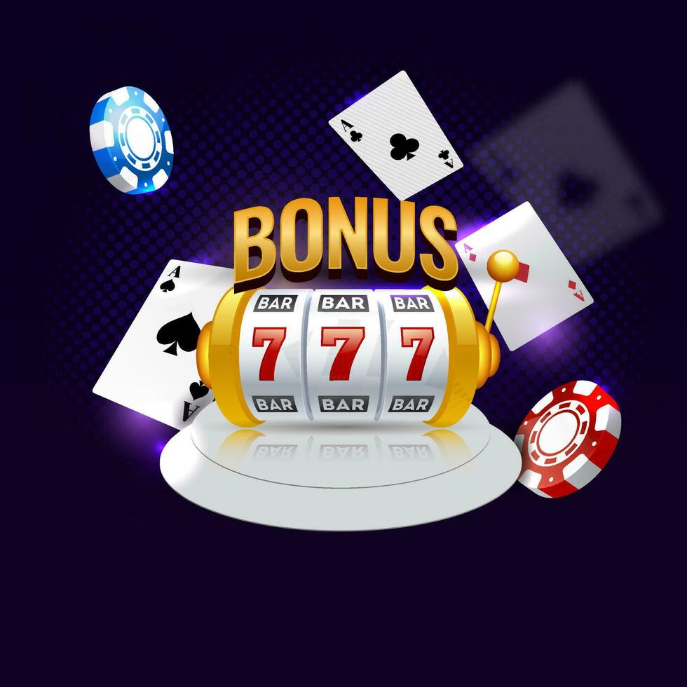 golden Bonus Text mit 3d Slot Maschine, spielen Karten und Poker Chips auf lila Hintergrund. vektor