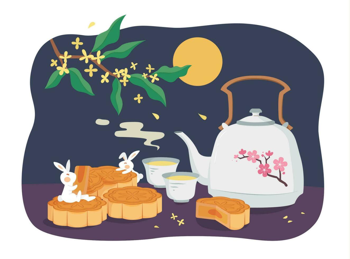 mitten höst festival design. platt illustration av jade kaniner äter, dricka varm te, och tittar på måne som Semester fester vektor