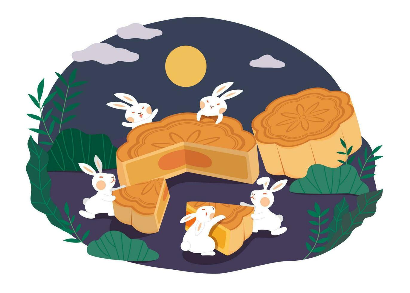 mitten höst festival design. platt illustration av en grupp av jade kaniner delning en bit av månkaka, en festlig efterrätt, på full måne natt vektor