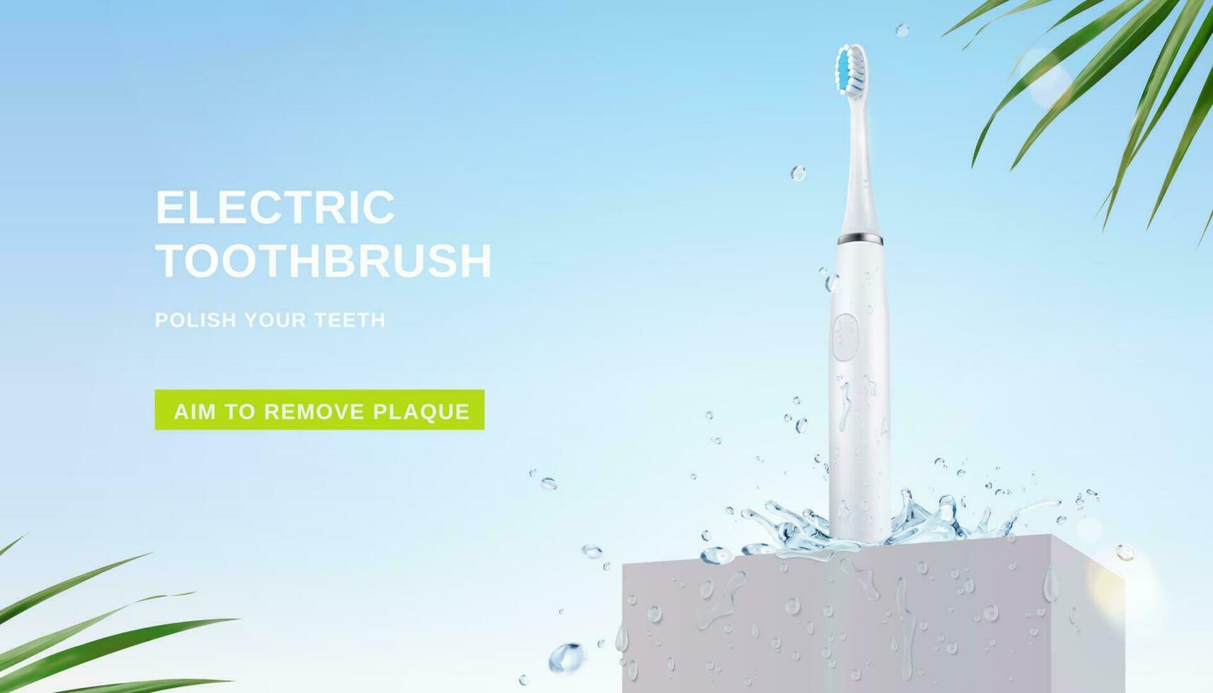 elektrisk tandborste på en betong podium med vatten stänk. 3d minimal produkt visa bakgrund med handflatan löv och blå himmel. vektor