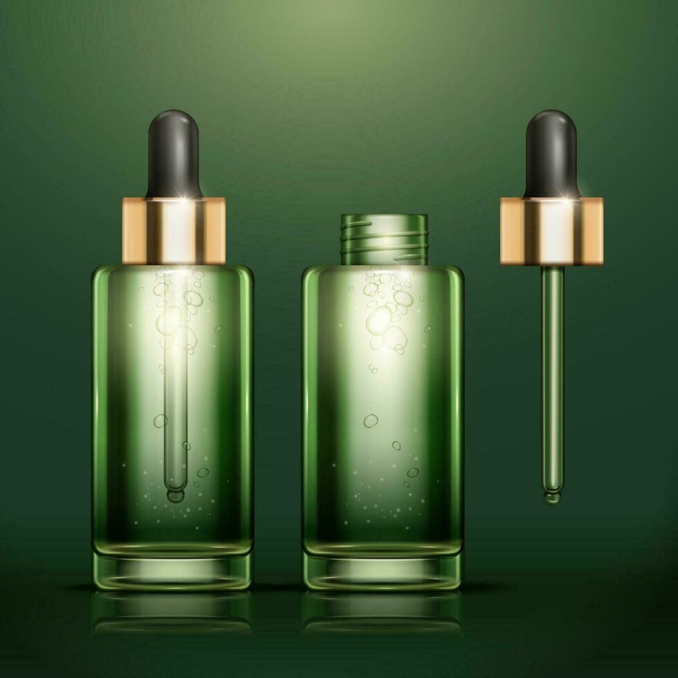 grön olja väsen flaskor attrapp uppsättning på grön bakgrund i 3d illustration vektor