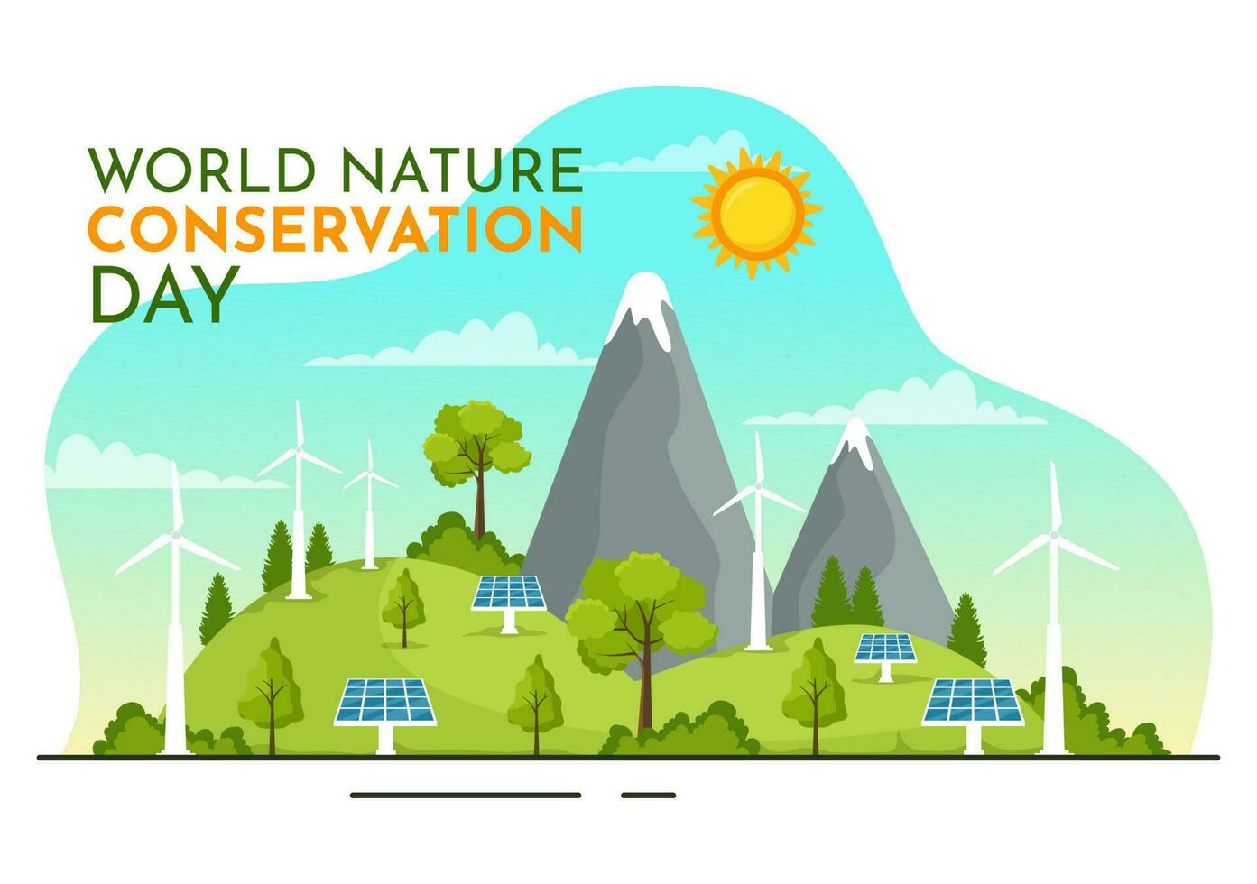 värld natur bevarande dag vektor illustration med värld Karta, träd och eco vänlig ekologi i platt tecknad serie hand dragen landning sida mallar