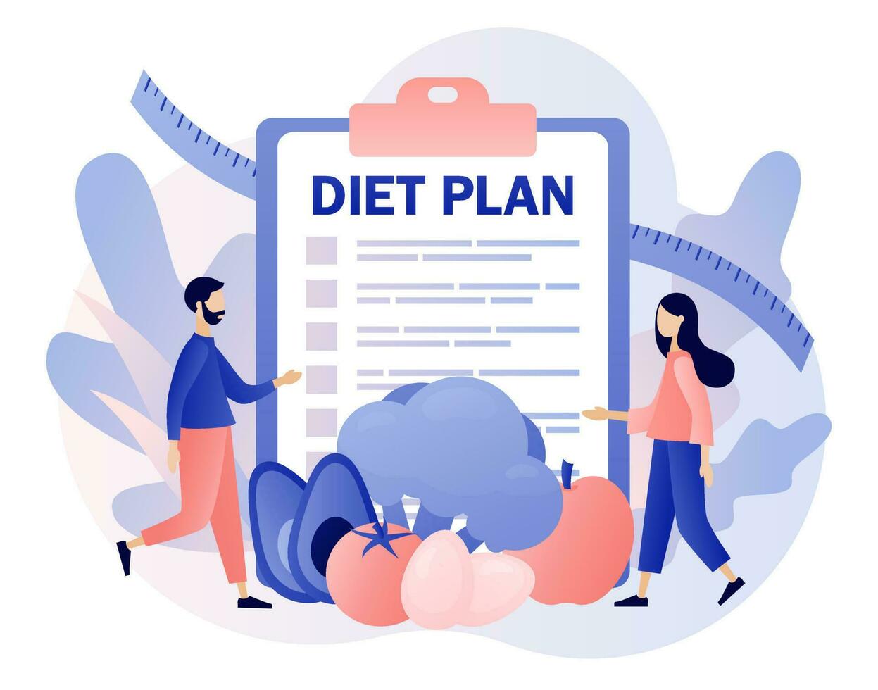 Ernährung Diät. Diät planen mit gesund Essen mit Gemüse, Obst und physisch Aktivität. gesund Lebensstil. Ernährungsberater online. modern eben Karikatur Stil. Vektor Illustration auf Weiß Hintergrund