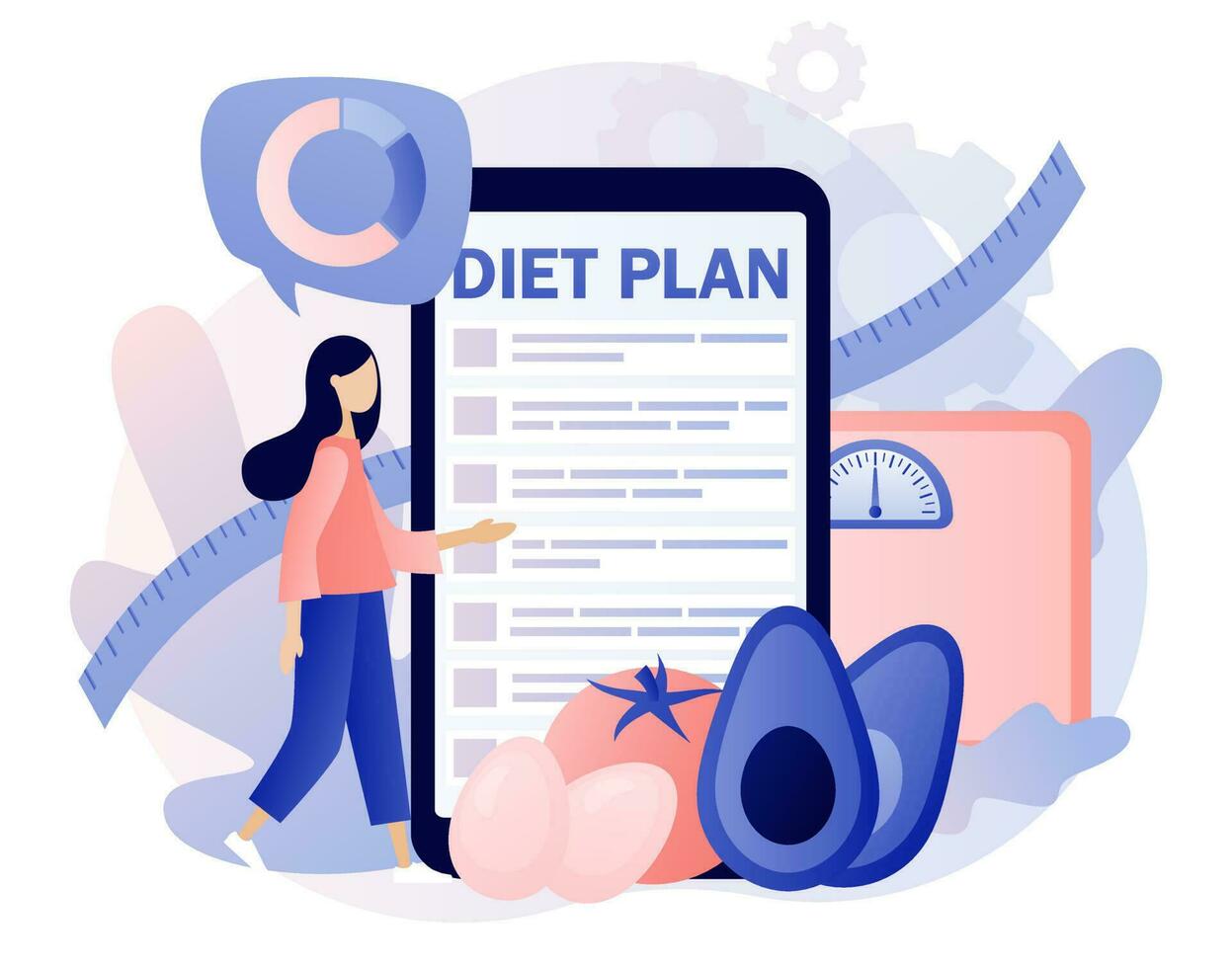 näring diet. mycket liten flicka Följ diet planen med friska mat med grönsaker, frukt och fysisk aktivitet använda sig av smartphone app. dietist uppkopplad. modern platt tecknad serie stil. vektor illustration