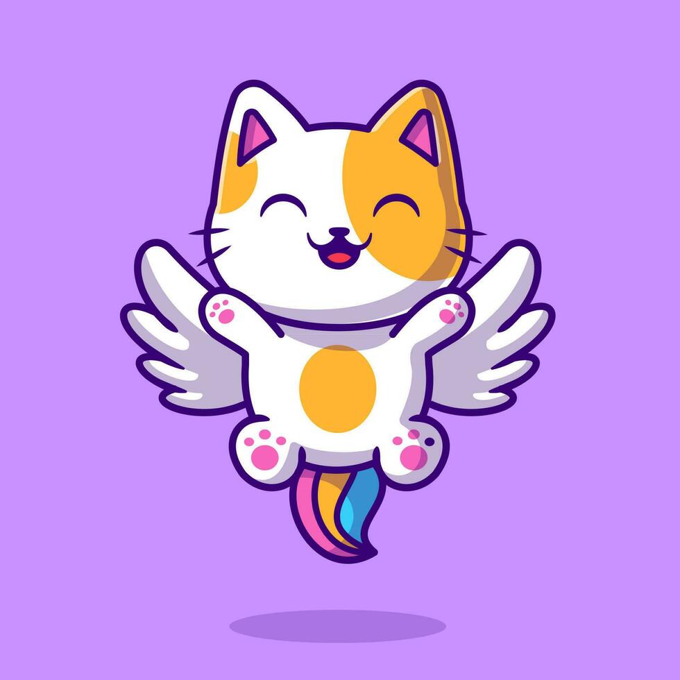 Lycklig katt enhörning flygande tecknad serie vektor ikon illustration. djur- natur ikon begrepp isolerat premie vektor. platt tecknad serie stil
