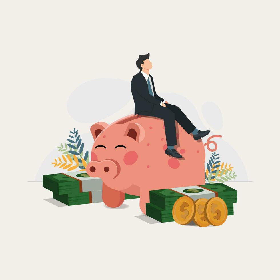 Vektor Geschäftsmann Sitzung im ein Schweinchen Bank Design Vektor Illustration