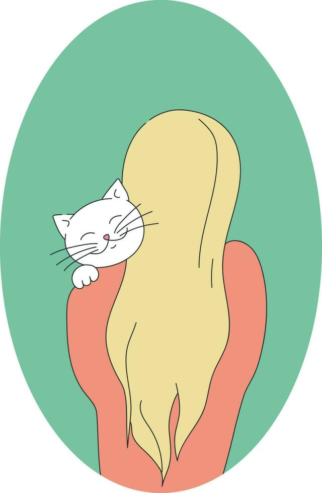 Mädchen ist umarmen ein Weiß Katze. Liebe meine Haustier Thema. einfach Hand gezeichnet Vektor Kunst