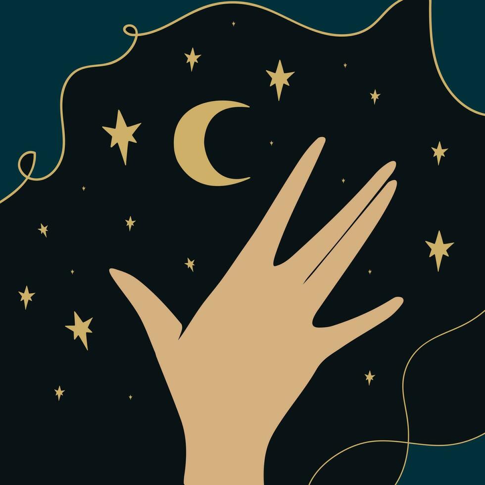 berühren Mitternacht Himmel. einfach Hintergrund mit Mitternacht Himmel Aussicht und ein Mensch Hand. Hand gezeichnet Vektor Kunst