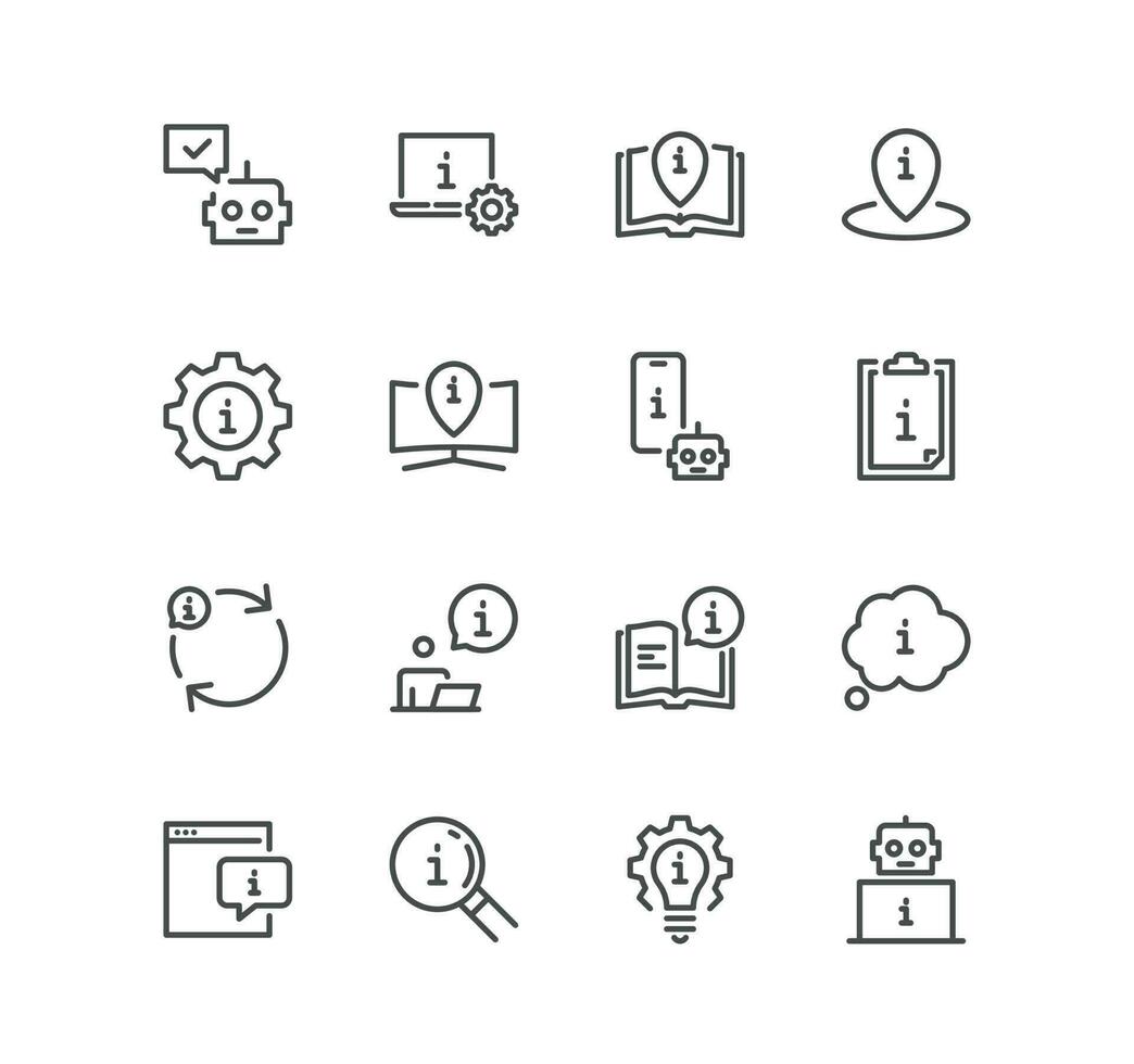 uppsättning av info och hjälp skrivbord realted ikoner, Integritet politik, manuell, regel, instruktion, underrätta, guide, läsning, info Centrum och linjär mängd vektorer. vektor