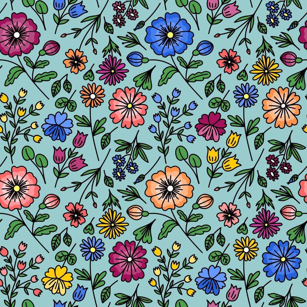 blaues nahtloses Muster mit wilden Blumen vektor