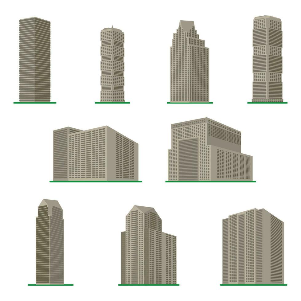 uppsättning av nio modern höghus byggnad på en vit bakgrund. se av de byggnad från de botten. isometrisk vektor illustration.