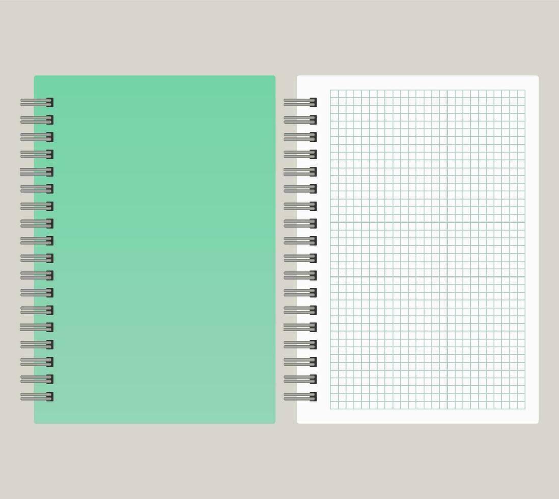 Notizblock mit ein Grün Startseite und mit ein Bindung von links Seite. Vektor Illustration