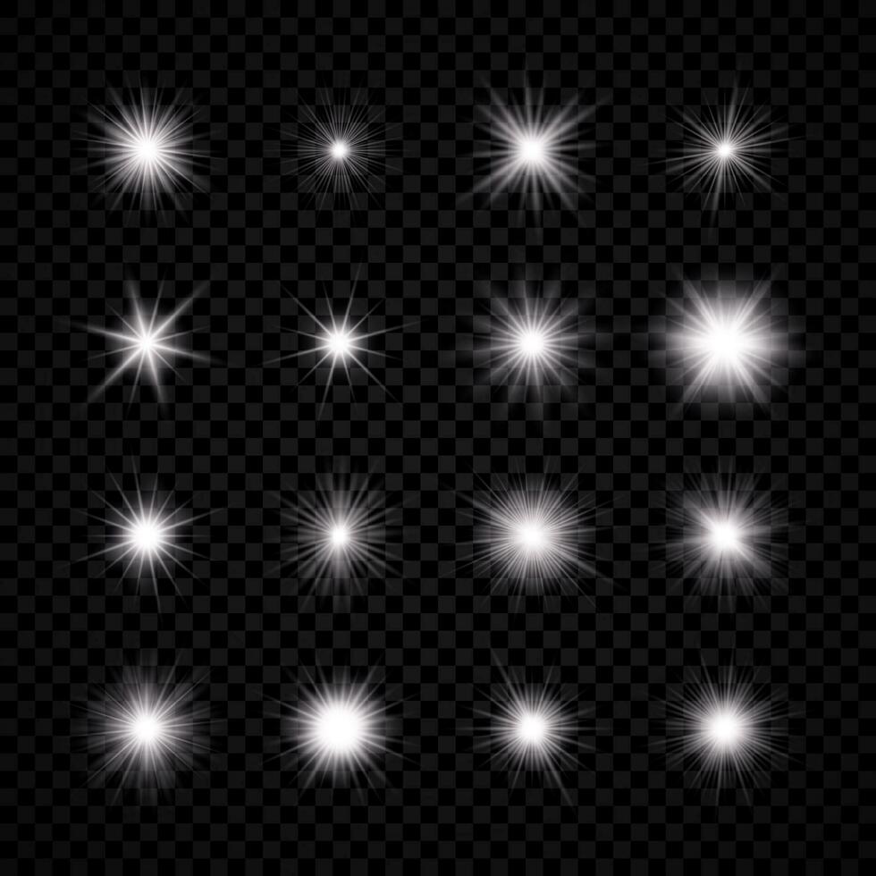 ljus effekt av lins blossa. uppsättning av sexton vit lysande ljus exploderar med starburst effekter och gnistrar. vektor illustration