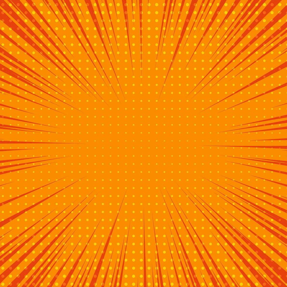 orange komisk bok sida bakgrund i pop- konst stil med tömma Plats. mall med strålar, prickar och halvton effekt textur. vektor illustration