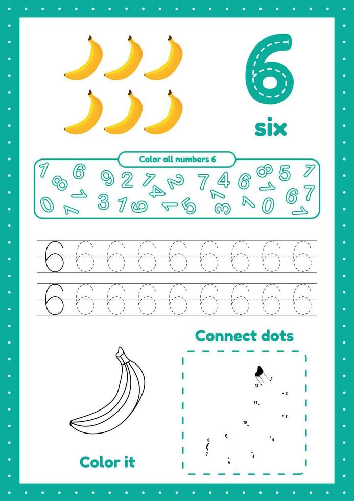 Lernen Zahlen. Nummer 6. verfolgen, Farbe, Punkt zu Punkt auf einer Seite vektor