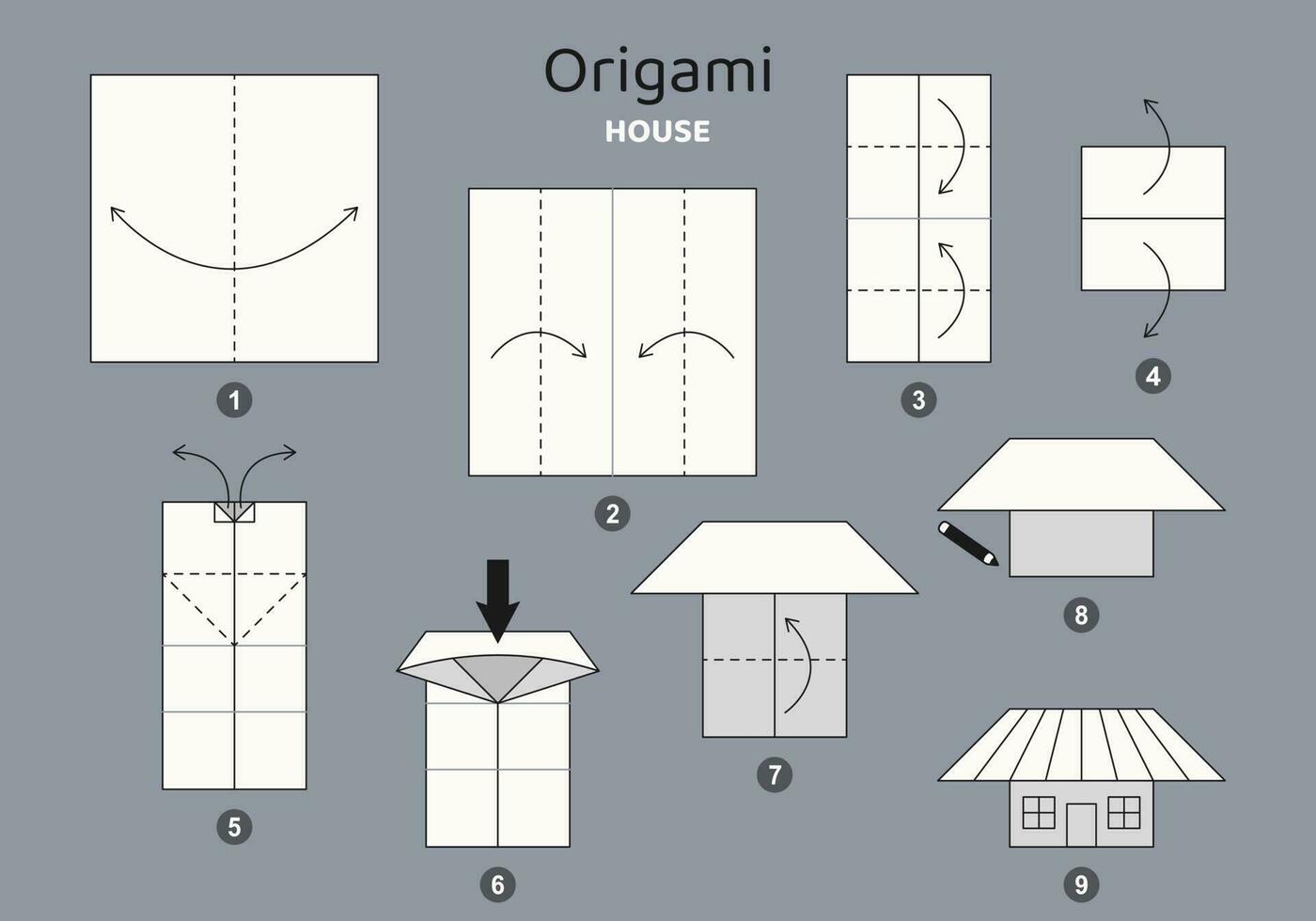handledning origami schema med små hus. isolerat origami element på grå bakgrund. origami för ungar. steg förbi steg på vilket sätt till göra origami hus. vektor illustration.