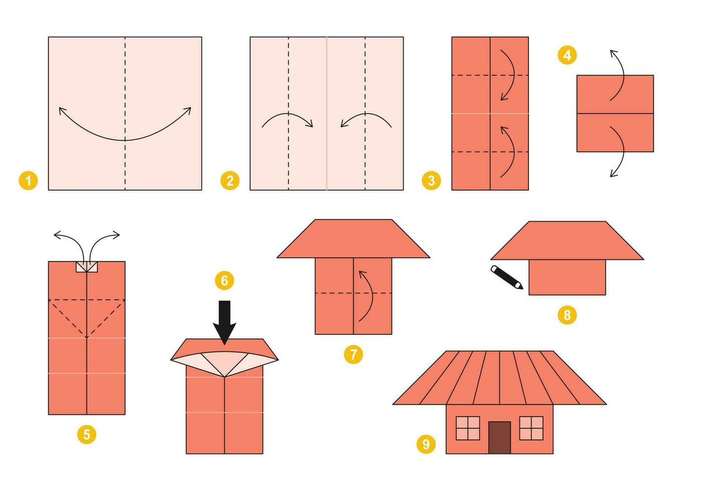 klein Haus Origami planen Lernprogramm ziehen um Modell. Origami zum Kinder. Schritt durch Schritt Wie zu machen ein süß Origami Haus. Vektor Illustration.