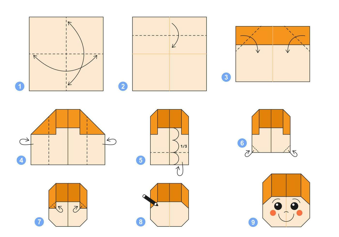 pojke origami schema handledning rör på sig modell. origami för ungar. steg förbi steg på vilket sätt till göra en söt origami pojke. vektor illustration.