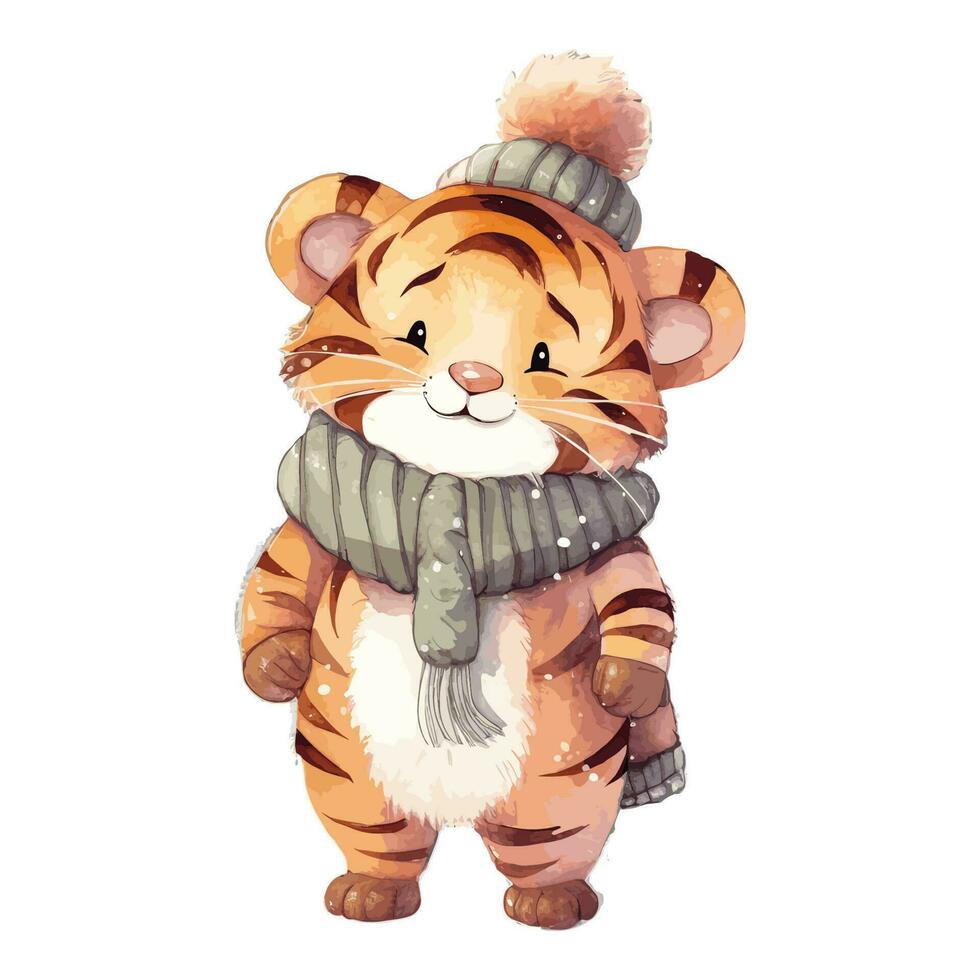 vattenfärg söt tiger med bomull hatt och scarf vektor