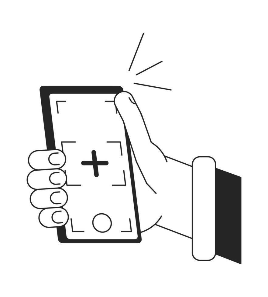 tar selfie med smart telefon kamera bw vektor fläck illustration. bil fokus 2d tecknad serie platt linje enfärgad först se hand på vit för webb ui design. redigerbar isolerat översikt hjälte bild