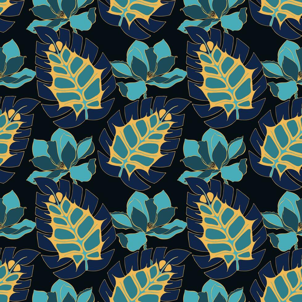 dunkel Blau Muster tropisch Blätter und Magnolie. vektor