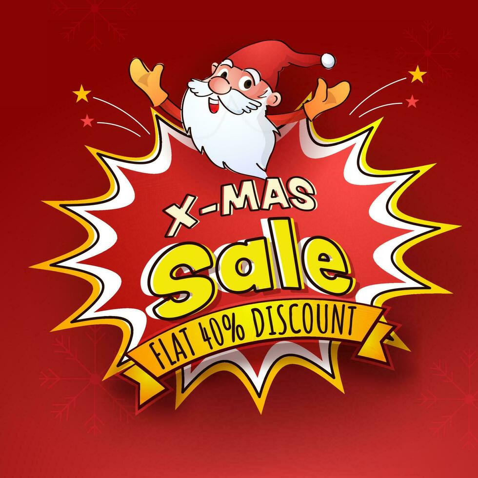Weihnachten Verkauf Poster Design mit Rabatt Angebot und heiter Santa claus und Star platzen auf rot Hintergrund. vektor