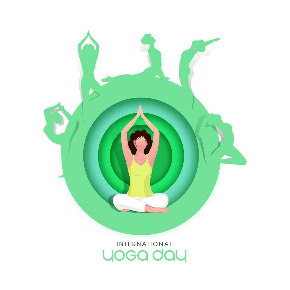Papier Schnitt Kreis gestalten Hintergrund mit weiblich üben Yoga im anders posiert zum International Yoga Tag. vektor