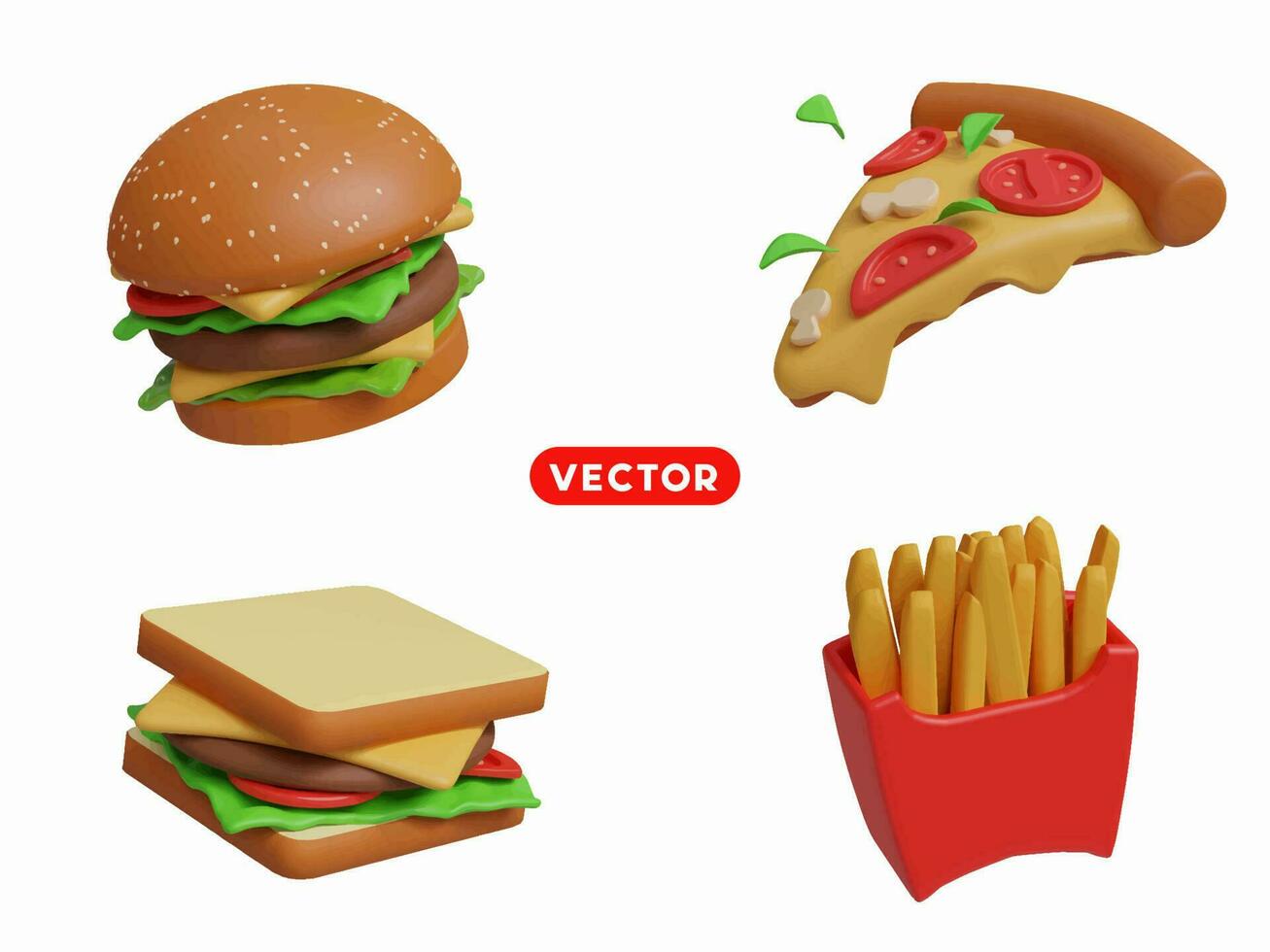 3d Wiedergabe. schnell Essen Symbol einstellen auf ein Weiß Hintergrund. Hamburger, Pizza, Sandwiches, und Französisch Fritten vektor