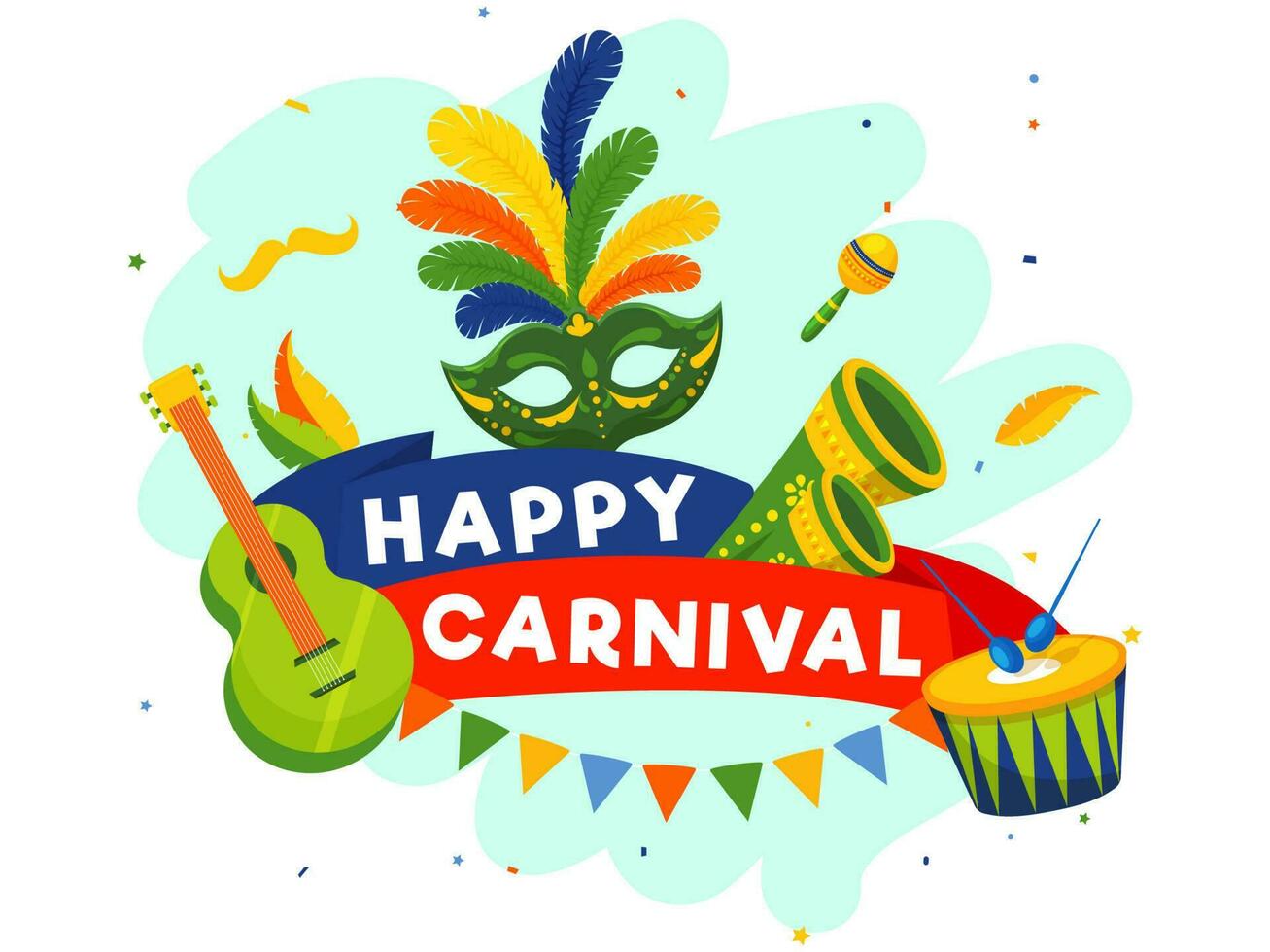 illustration av fest mask med musik instrument tycka om som gitarr, maracas och trummor för Lycklig karneval firande. vektor